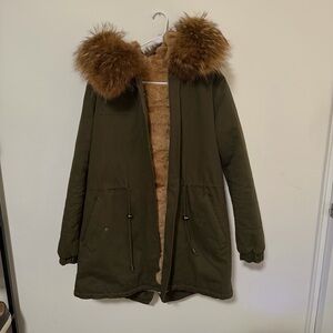 Olive Green Fur lined Parka with Fur Trim